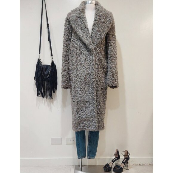 💥SHOWSTOPPER!💥Vegan Persian Curly Lamb Fur Longline Coat in Gray - Picture 7 of 15